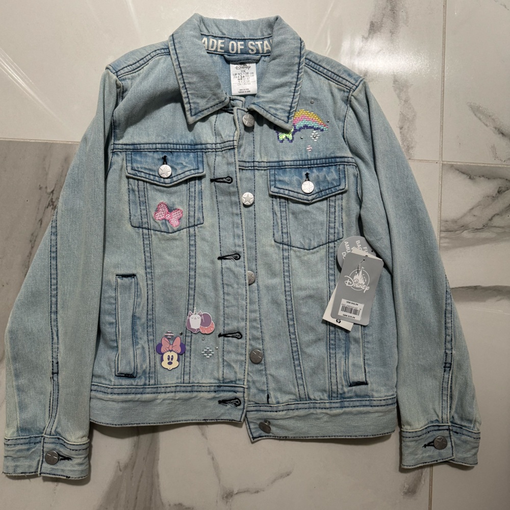 Disney Light Blue Denim Jacket with Minnie sequin logo and pins / patches